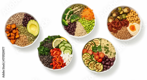 Assortment of Vibrant and Healthy Grain Bowls Featuring Fresh Vegetables, Legumes, and Grains on a White Background for Food Blogging and Recipe Illustrations