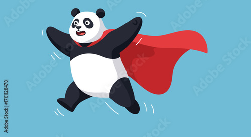 A cartoon panda wearing a red cape midstride with arms outstretched