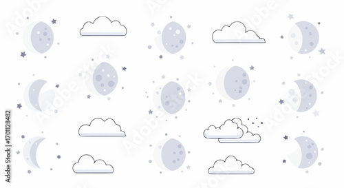 Delicate Moon Phases and Cloud Icons for Celestial Designs and Educational Illustrations Suitable for Astronomy Projects and Children's Literature