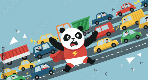 Panda superhero in traffic jam