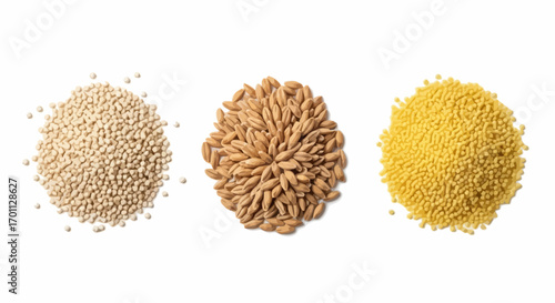 Assortment of Nutritious Grains Displayed on White Background for Healthy Eating and Culinary Ingredient Visuals, Ideal for Food Blogs and Recipe Illustrations