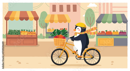 Penguin on a bicycle at a market with produce stalls