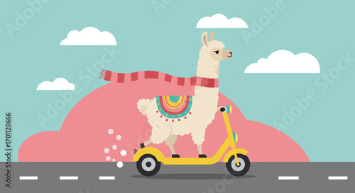 Llama on a scooter with a scarf and saddle
