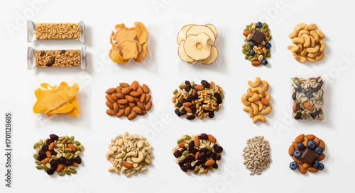 Diverse Array of Healthy Snacks for Nutritional Content, Ideal for illustrating Balanced Diet Concepts and Food Photography for Health and Wellness Campaigns