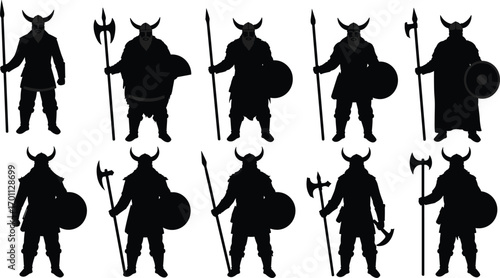 Dark Viking warrior silhouettes with horned helmets, spears, axes, and shields in bold medieval warrior poses vector illustration.