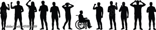 Diverse group of people silhouettes including men, women, and a person in wheelchair showing various hand gestures and poses