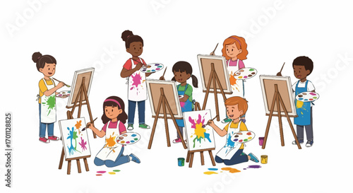 Group of Diverse Children Painting Together in an Art Class, Fostering Creativity, Learning, and Social Interaction. Ideal for educational materials or art program promotion.