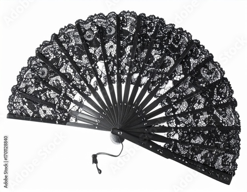 Elegant Black Lace Hand Fan with Intricate Floral Design on White Background