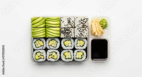 Assorted Sushi Platter Featuring Fresh Avocado and Cucumber Rolls for Culinary Presentation and Restaurant Menu Design