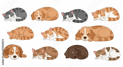 Adorable Collection of Sleeping Cartoon Animals Featuring Cats and Dogs in Various Poses for Children's Illustrations and Pet-Related Designs.