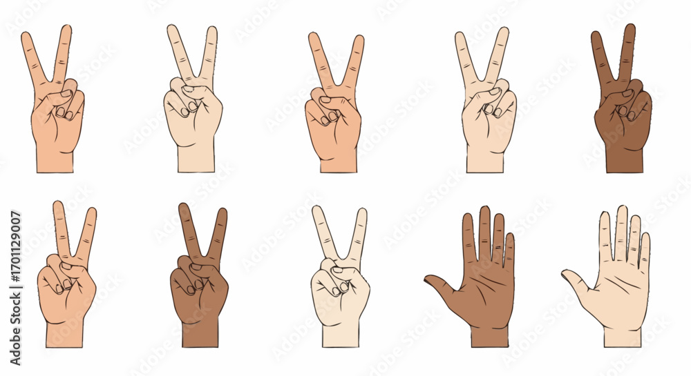 Fototapeta premium Diverse Hands Illustrating the Peace Sign and Open Palm for Unity, Inclusivity, and Global Harmony Campaigns