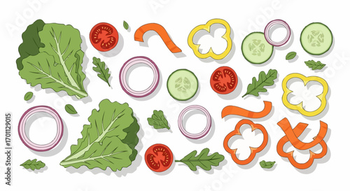 Colorful and Fresh Salad Ingredients Flat Lay Illustration for Healthy Eating Concepts and Culinary Design Projects on Adobe Stock