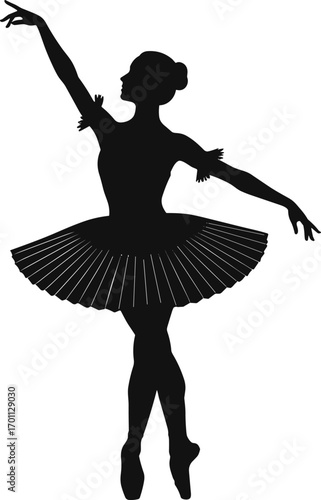 Elegant ballerina silhouette in classical tutu dancing en pointe, graceful ballet pose, black and white vector for dance illustration.