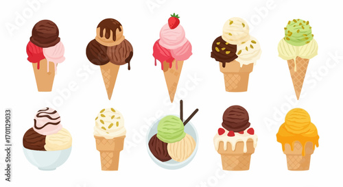 Colorful and Diverse Ice Cream Cone Collection Illustration for Summer Treats, Dessert Menus, and Food-Related Design Projects