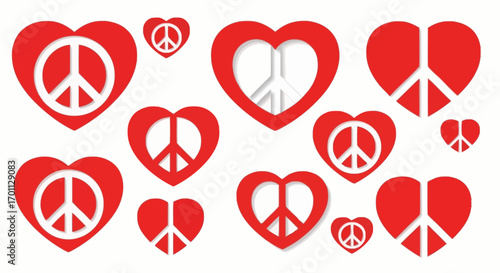 Red Heart Peace Symbols Pattern on White Background for Valentines Day, Peace Day or Social Justice Campaigns, Suitable for Backgrounds and Graphic Designs