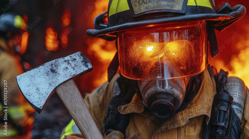 Fototapeta premium Firefighter in Action with Axe and Flames