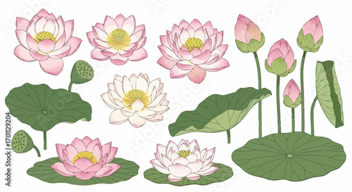 Elegant Lotus Flower Illustration for Decorative Design, Meditation Backgrounds, and Botanical Education Materials with Delicate Pink and Green Hues