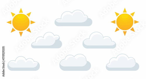 Cheerful Sunny Day Illustration Featuring Fluffy Clouds and Bright Suns, Perfect for Children's Books, Weather Reports, and Educational Materials
