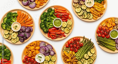 Colorful Grilled Vegetable Platters with Dipping Sauces Displayed for Healthy Eating Promotion and Culinary Content Creation for Food Blogs or Recipe Websites