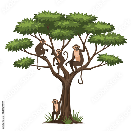 Agile monkeys swing and sit on lush green leaves of a large African tree in a vibrant flat 2D vector illustration with clean outlines on a crisp white background.