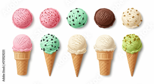 Colorful and Delicious Ice Cream Scoops and Cones Illustration for Summer Treats and Dessert Menus, Perfect for Advertising, Food Blogs and Recipe Illustrations
