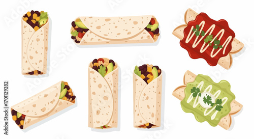 Colorful and Appetizing Burrito and Nachos Illustration Set for Food Blogs, Mexican Cuisine Promotion, and Restaurant Menu Design