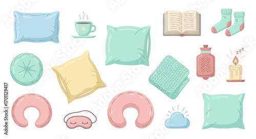 Cozy Bedtime Essentials Collection featuring Pillows, Tea, and Comfort Items for Promoting Relaxation and Peaceful Sleep for Adobe Stock Illustration