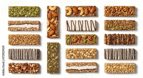 Variety of Healthy Granola Bars with Nuts, Seeds, and Chocolate Drizzle on White Background for Snack or Energy Food Advertising