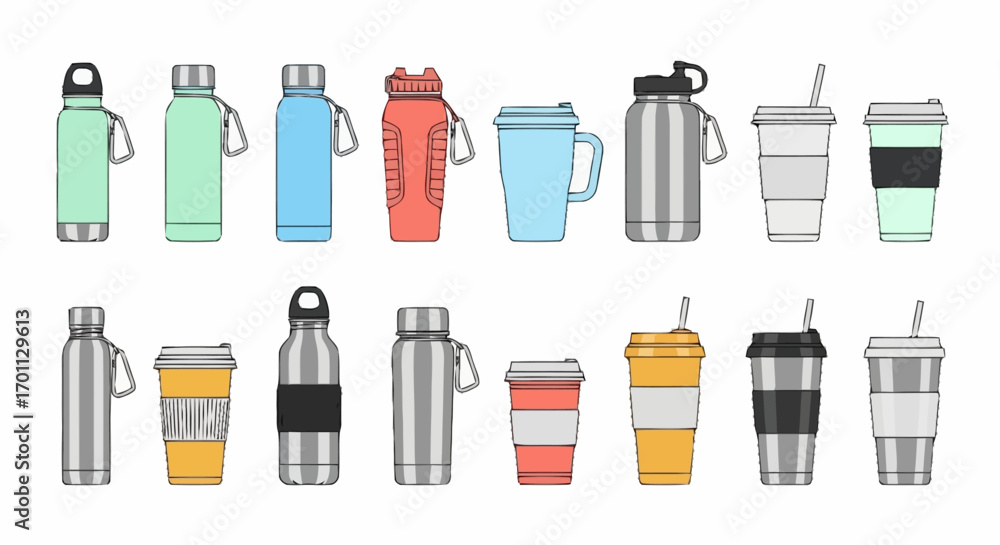 Fototapeta premium Diverse Collection of Reusable Water Bottles and Coffee Cups for Promoting Sustainable Living and Eco-Friendly Choices, Great for Web Designs and Educational Materials.
