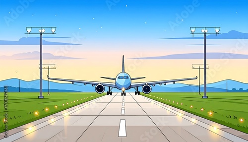 A large passenger jet taxis along a runway at dawn, with airport lights illuminating the scene.