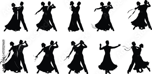 Elegant ballroom dance silhouettes of couples in graceful romantic poses, perfect for vector design, choreography, love, and movement themes.