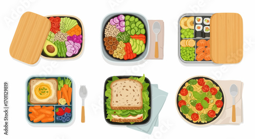Diverse and Colorful Lunch Boxes Filled with Healthy and Nutritious Meals, Ideal for Promoting Balanced Diet, Meal Planning, and Healthy Eating Habits