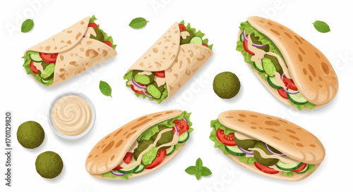 Delicious Falafel Wraps and Pita Sandwiches Illustration Featuring Fresh Vegetables, Hummus, and Herbs for Culinary Projects and Restaurant Menus