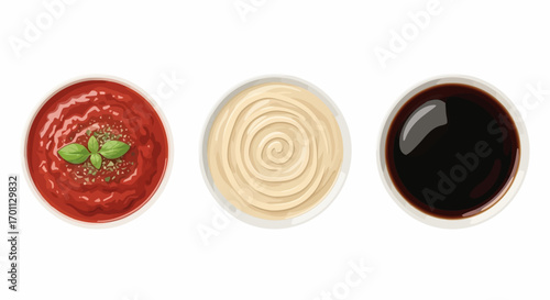 Assorted Condiments in Small Bowls, Including Tomato Sauce, Mayonnaise, and Soy Sauce, Perfect for Illustrating Recipes or Restaurant Menus
