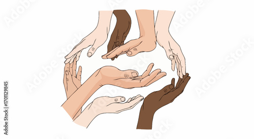 Diverse hands united in a circle, symbolizing unity, cooperation, and inclusivity. Suitable for social campaigns, diversity training, and promoting global collaboration.