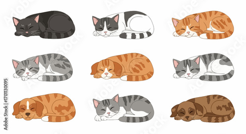Diverse Cartoon Cats and Dogs Sleeping Together: Ideal for Children's Books, Pet-Related Content, and Educational Materials