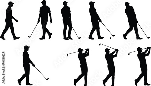 Golf Player Silhouette Set Showing Walking, Swinging, and Posing with Golf Club in Vector Illustration for Sports Concept Design