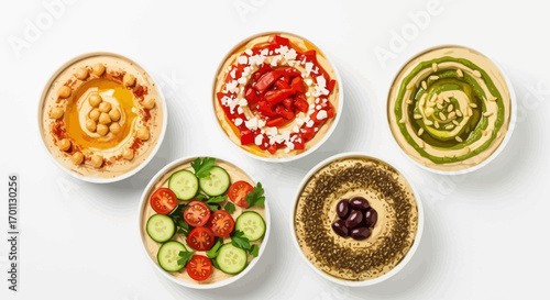 Variety of Hummus Flavors Served in Individual Bowls on White Background, Ideal for Mediterranean Restaurant Menus and Healthy Food Blogs for Recipes and Culinary Inspiration.