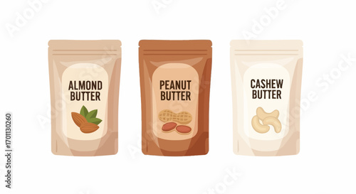 Assorted Nut Butter Pouches Illustration for Product Packaging and Healthy Food Promotion, ideal for showcasing healthy snacks, food packaging design, or dietary products