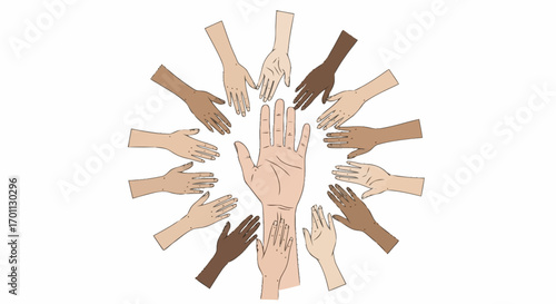 Diverse Hands Circle, Representing Unity, Inclusion, and Support for Social Causes and Community Engagement Initiatives.