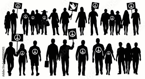 Silhouette Crowd of Peaceful Protesters Holding Signs and Peace Symbols for Demonstrations, Social Justice Campaigns, and Activism Initiatives