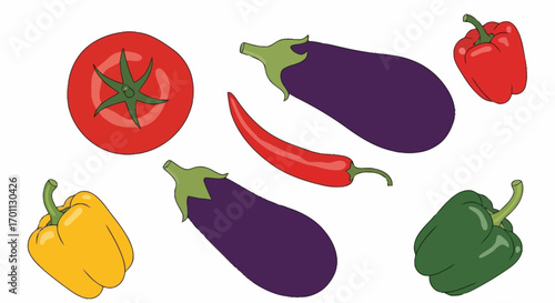 Vibrant Vector Illustration of Fresh Vegetables: Tomato, Eggplant, Chili, and Bell Peppers for Cooking Education and Nutritional Awareness
