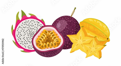 Vibrant Tropical Fruit Medley Featuring Dragon Fruit, Passion Fruit, and Star Fruit for Healthy Eating and Culinary Design