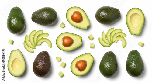 Fresh Avocado Still Life Composition Displaying Whole, Halved, and Sliced Fruits on a White Background for Healthy Food and Recipe Illustrations