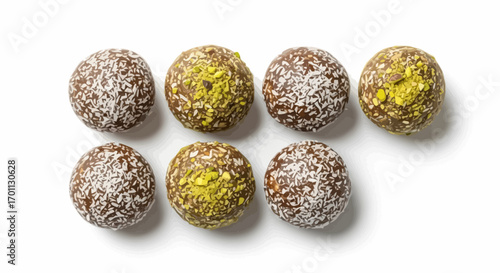 Nutritious Energy Balls Coated with Coconut and Pistachio Crumbs on White Background for Healthy Snack and Dessert Concepts, Perfect for Health and Wellness Blogs