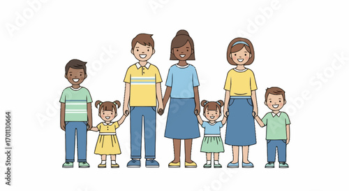 Diverse Families Illustration Featuring Two Sets of Parents and Children Grouped Together on a Clean White Background for Educational or Social Awareness Projects.