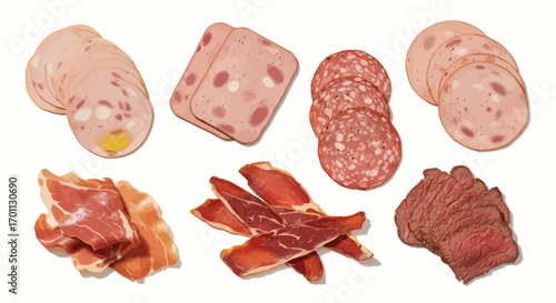 Assortment of Sliced Cold Cuts and Cured Meats Neatly Arranged on a White Background, Ideal for Food Presentation, Culinary Blog Posts, or Deli Menu Designs.