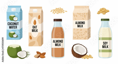 Diverse Plant-Based Milk Alternatives: Coconut Water, Oat Milk, Almond Milk, and Soy Milk for Healthy Lifestyles and Dietary Choices