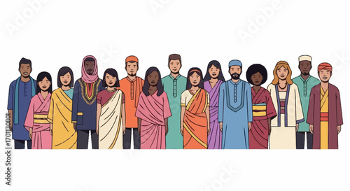 Diverse Group of People in Traditional Clothing Representing Global Cultures and Unity for Promoting Cultural Awareness and Inclusivity in Educational and Social Projects.