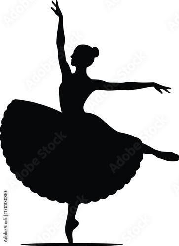 Graceful ballerina silhouette performing elegant ballet pose on pointe, tutu skirt, classical dance art, black and white vector illustration.